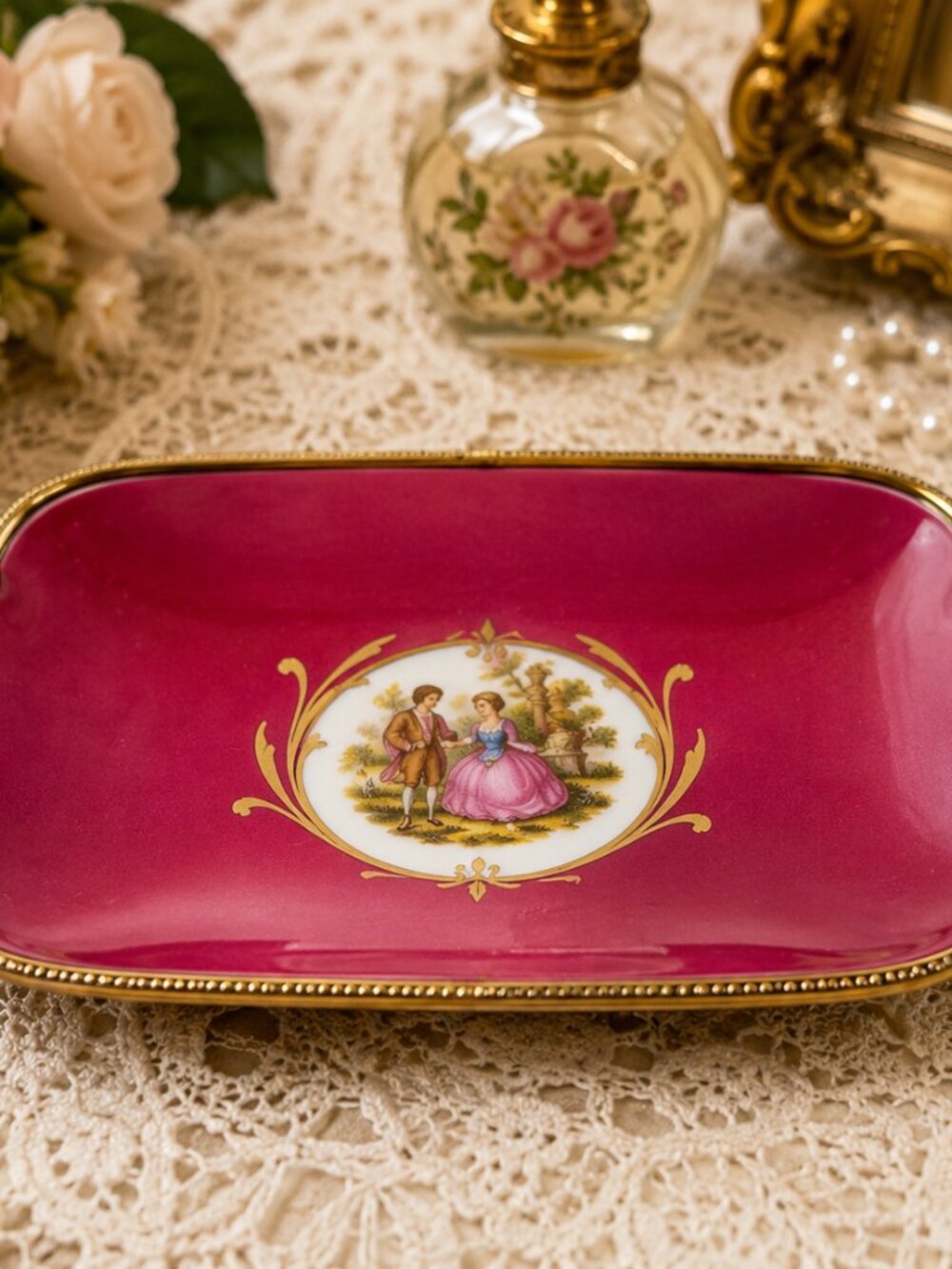 DT-10--Limoges Castel France Pink Porcelain Rococo Vanity Tray Courting Couple G
